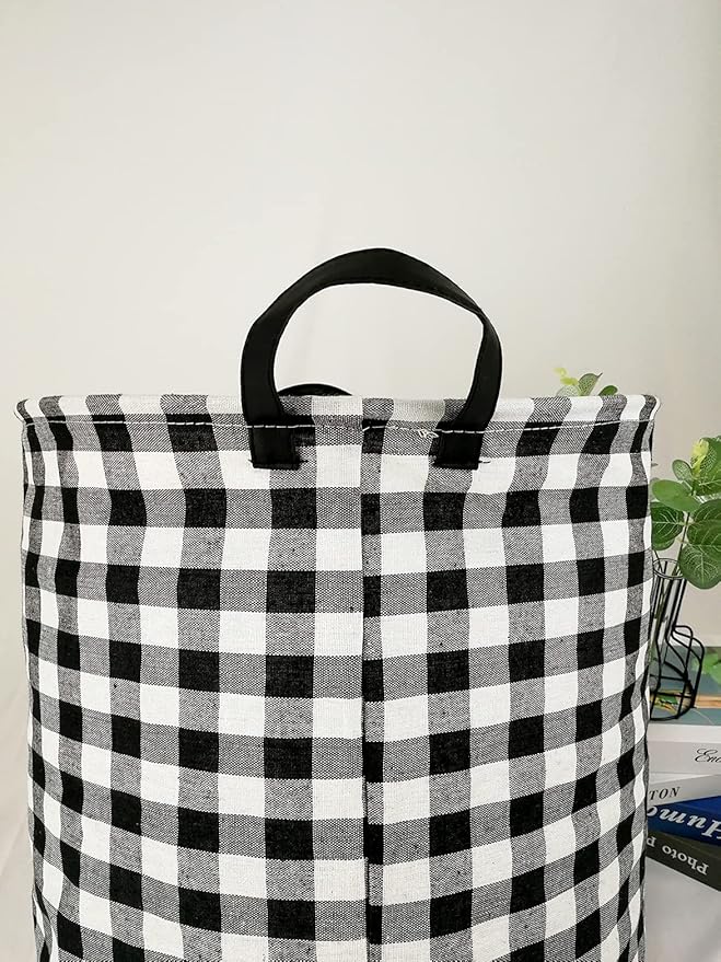 KUNRO Round Laundry Gift Basket Storage Hamper, Kids Toys and Clothes Storage Organizer Bins, Toy Shelf Basket with Handles for Room Decor (Black grid)