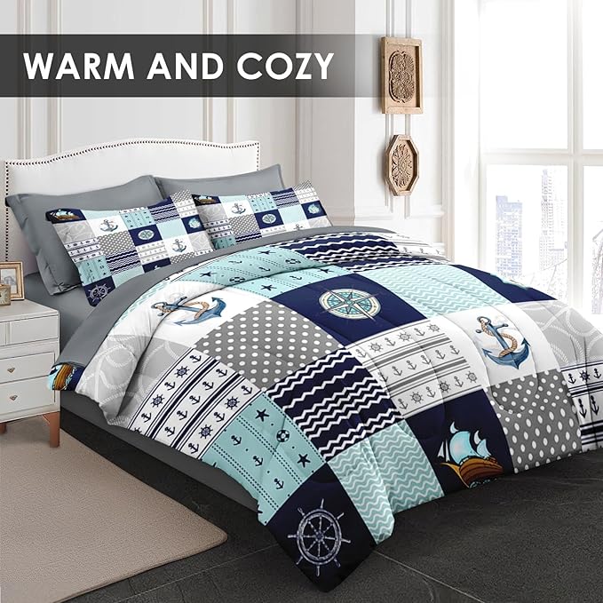 5 Pcs Twin Size Comforter Set with Pillowcase & Sham, Nautical Blue Marine Summer Bedding for Kids and Adults, Sea Ocean Boat Plaid Bed in a Bag with Flat Fitted Sheet
