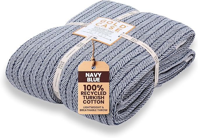 Gold Case Throw Blanket for Bed - 100% Recycled Turkish Cotton Blanket - Vintage Lightweight Soft Throw Blankets for Bed & Living Room - Queen Size Cozy Blankets - 90x90 - Navy Blue