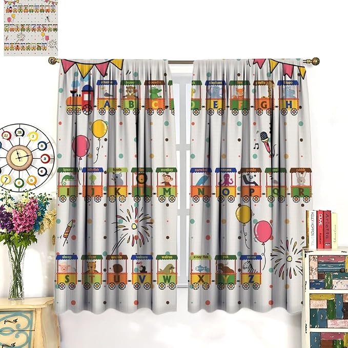 Alphabet Train Kids Curtain Animals Alphabet Children Teens Early Learning Printed Rod Pocket Blackout Window Treatments for Classroom Bedroom Nursery Playroom 63" W X 72" L