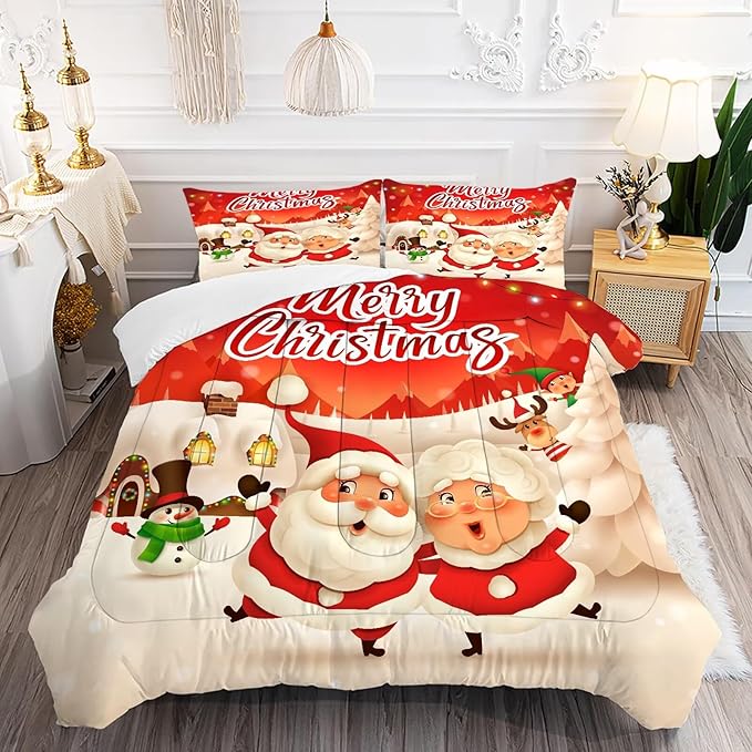 Christmas Comforter Set Full Size Red Plaid Bedding Sets Xmas Gift Christmas Themed Festival Winter Snow Quilt Set,1 Comforter + 2 Pillow Cases