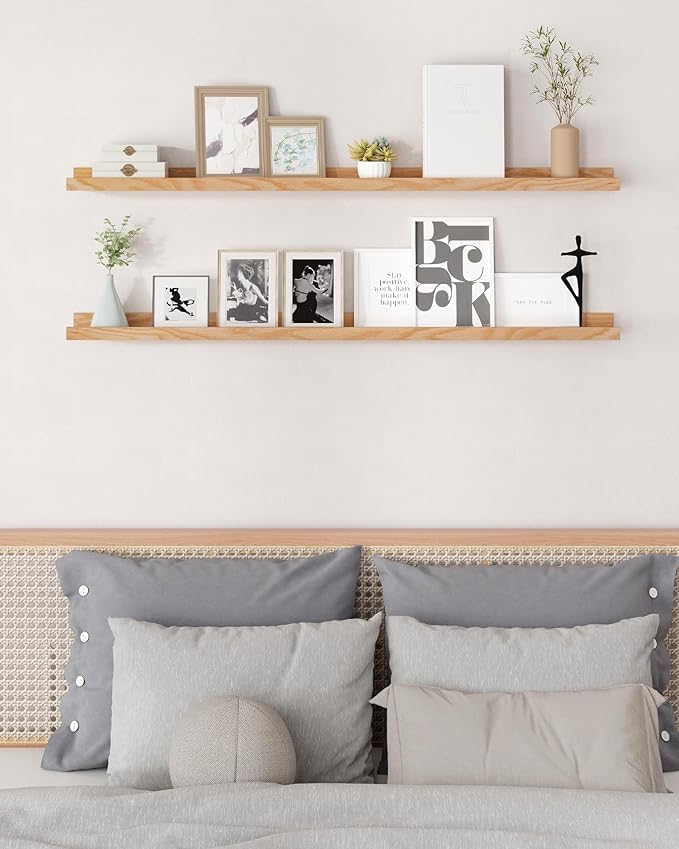 Axeman Oak Picture Ledge Shelf, 72 Inch Floating Shelves Set of 2, Solid Oak Wood Wall Shelves with Lip, Wall Decor Storage for Bedroom Living Room Bathroom Kitchen Nursery Photo Picture, Natural Oak