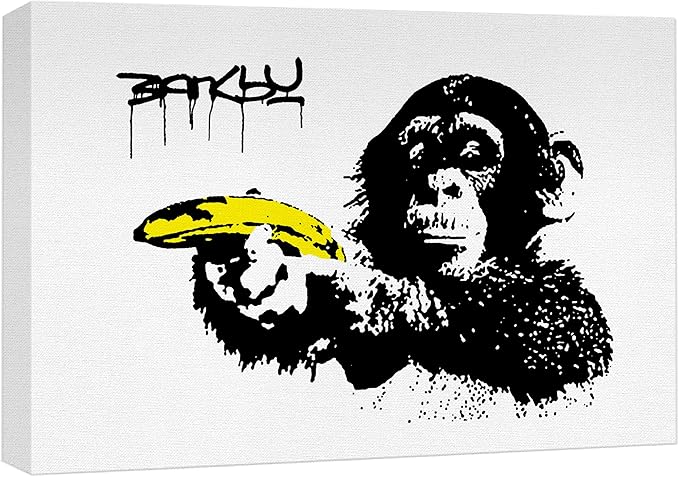 SIGNWIN Framed Canvas Wall Art Banksy Monkey with Banana Print Graffiti & Street Art Famous People Pop Art Modern Urban Multicolor for Living Room, Bedroom, Office - 16x24 inches