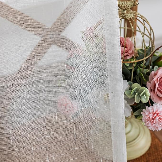 Off White Sheer Kitchen Curtains 45 Inch Length 2 Panels, 50 Inches Width, Linen Look Cafe Curtain, Rustic Textured Light Filtering Drapes, Small Rod Pocket Window Treatments