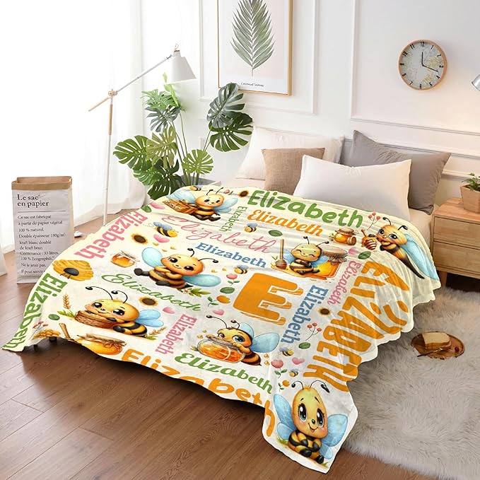 Personalized Custom Honeybee Preschool Blanket Gifts for Baby Toddler Kids Boys Girls - Customized Honeybee Super Soft Lightweight Flannel Sheets Decor for Crib Nap Couch - 40"x50" for Kids/Children