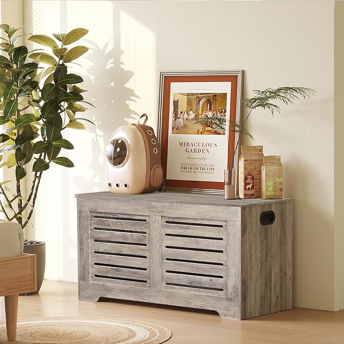 DINZI LVJ Storage Chest, Flip-Top Wooden Toy Box with 2 Safety Hinges, Entryway Shoe Storage Bench, Sturdy Large Storage Trunk for Living Room, Bedroom, Easy Assembly, Greige