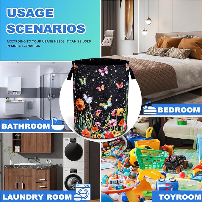 Colorful Butterflies Flowers Laundry Basket Oxford Cloth Laundry Hamper With Handle Foldable Portable Clothes Storage Basket 18.9 X 16.5 Inch Storage Bag For Laundry Room/Bathroom/Bedroom/Dormitories