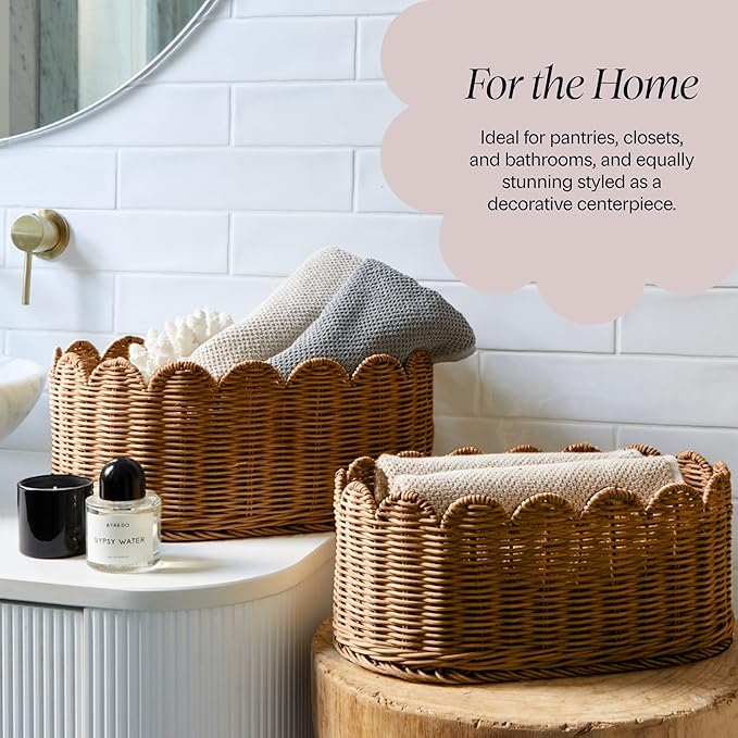 BEBE BASK Premium Scalloped Basket Set Of 2 - Scallop Basket - 16 x 10 x 7 Inch - Hand-Woven Elegant Wicker With Scalloped Edge - Nursery Storage (Mocca)