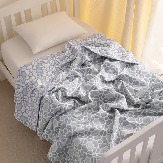 NTBAY 3 Layer Toddler Blanket, Muslin Cotton Jacquard Bed Blankets, Lightweight Thermal Baby Blanket, Super Soft and Warm Crib Blanket for All Seasons, Decoration Gift, 30"x40", Blue Clover