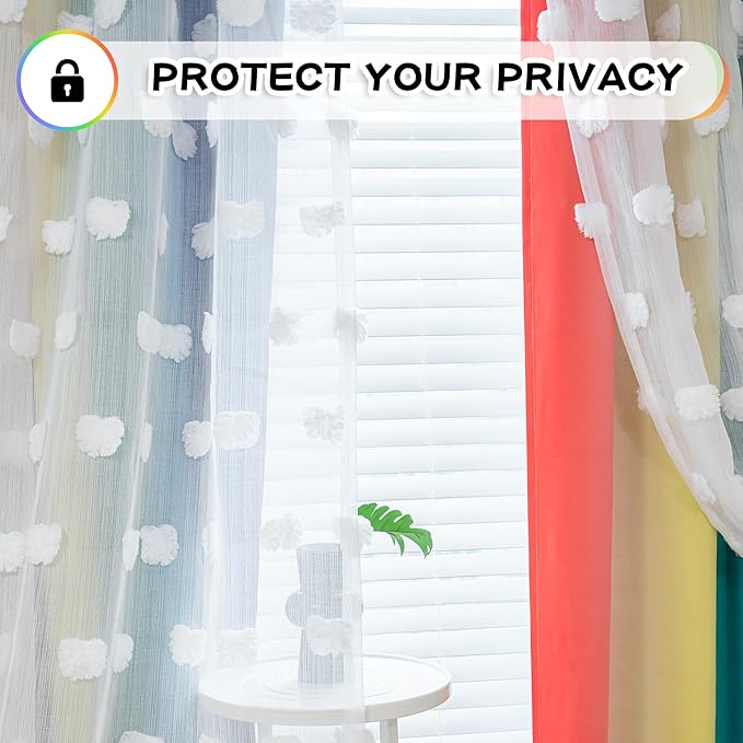 MYSKY HOME Rainbow Curtains for Bedroom 90 Inches Long Living Room Curtains Pom Pom Sheer Curtains for Dining Room Grommet Double Layer Nursery Curtains Toddler Room Darkening Window Panels 52" x 90"