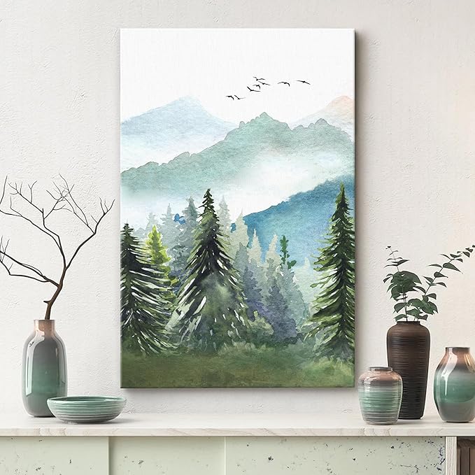 SIGNWIN Canvas Print Wall Art Watercolor Green Forest Tree Mountain Range Nature Landscape Prints Modern Art Woodland Nursery Decor for Living Room, Bedroom, Office - 12"x18"