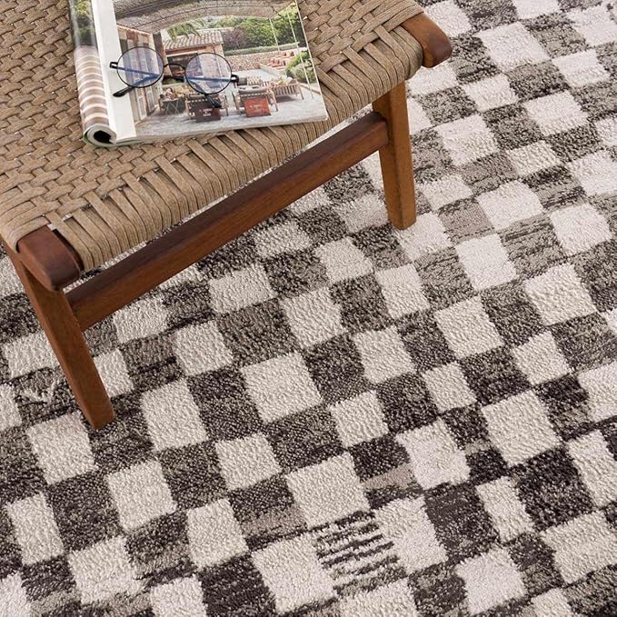 Hauteloom Benjy Living Room, Checkered Bedroom Area Rug - Farmhouse - Cream, Charcoal - 6'7" x 9'