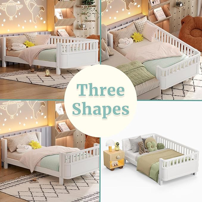 Twin Kids Floor Bed Frame with Rails, Wood Low Montessori Platform Bed with Slats Support, Modern Daybed with Detachable Side Rails, Kids Beds for Boys Girls Bedroom, White
