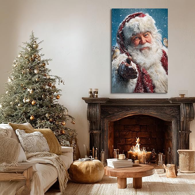 YONICA Christmas Canvas Wall Art Snowy Santa 28x40 Inch Winter Scene with Birds and Snowfall - Large Framed Gallery Wrapped Nature Theme