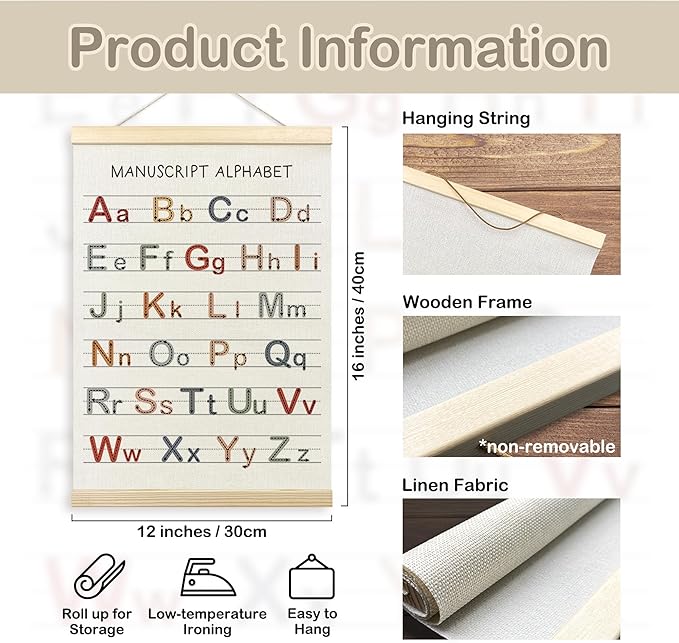 TLESKE Boho Alphabet ABC Chart Poster Hanger Frame, Homeschool Hanging Wall Art Decor for Toddlers Kids Classroom Nursery Playroom, Preschool Prek Learning Educational Prints Picture, 12x16