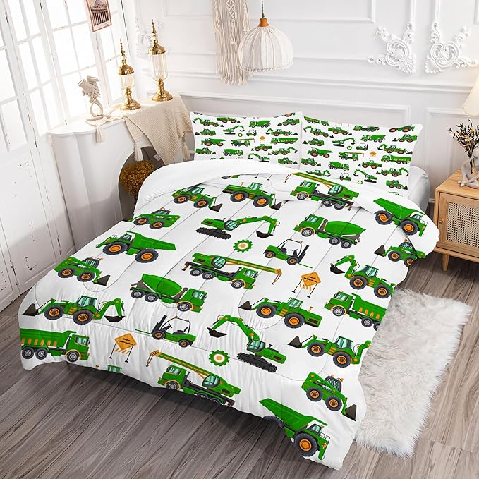 Comforter Set Green Tractor: Twin Size Cartoon Excavator Truck Car Bedding Sets for Boys Kids Teens Toddler Construction Vehicles Quilt Bed Set with 1 Comforter & 1 Pillow Case
