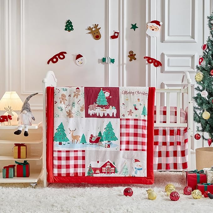 Christmas Crib Bedding Set 3 Pcs with Santa Snowman Red White Design, Quilted Comforter Fitted Sheet & Bed Skirt, Holiday Baby Crib Set