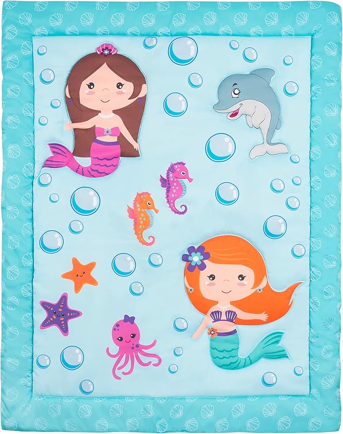 EVERYDAY KIDS 3 Piece Girls Crib Bedding Set - Mermaid Adventures - Includes Quilt, Fitted Sheet and Dust Ruffle - Nursery Bedding Set - Baby Crib Bedding Set