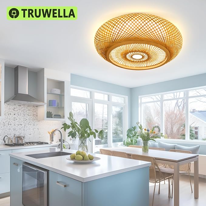 15.7 in Bamboo Woven Rattan-Style Ceiling Light, Boho Ceiling Light Fixture with Remote, LED Dimmable Ceiling Light, Boho Light Fixture for Bedroom Living Room Dining Room Light