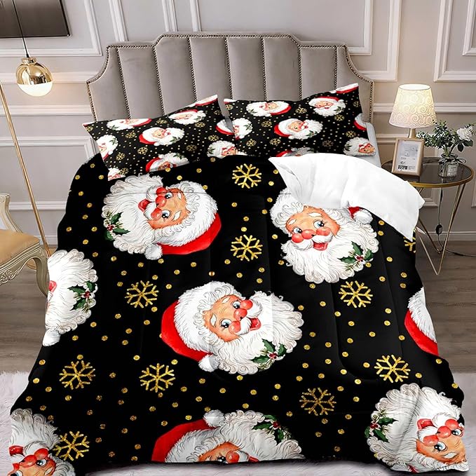 LUVIVIHOME 3PCS Merry Christmas Comforter Set Full Size, Gold Snowflake Funny Cute Santa Claus Bedding, Christmas Bedroom Decor, Soft Breathable Microfiber Black Quilt, Xmas Gifts, 2 Pillow Shams