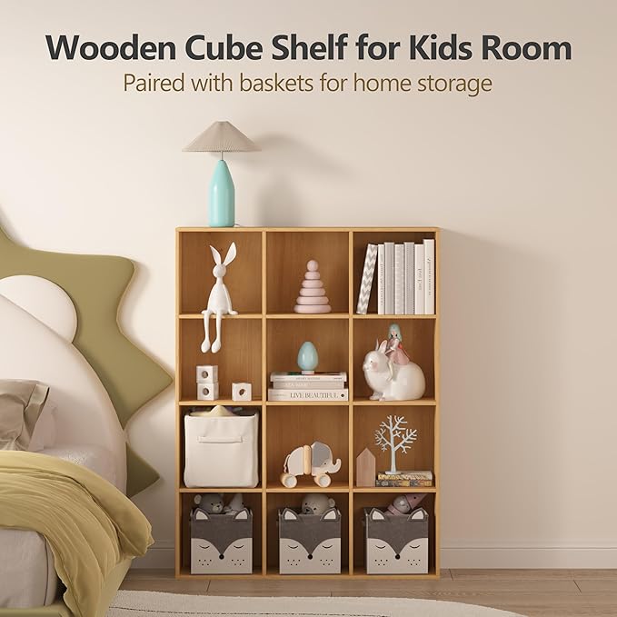 5 Cube Storage Organizer Bookshelf, Closed Back Display Bookcase, Cubby Shelf for Home Office, Living Room, Kids Room, Large Capacity Toy Storage, 35.98" L x 9.45" W x 24.09" H, Natural Wood