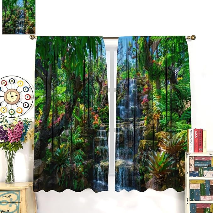 Waterfall Blackout Window Curtains, Spring Forest Nature Landscape Theme Pattern Print Window Drapes, for Living Room Bedroom 63x72in 2 Panels