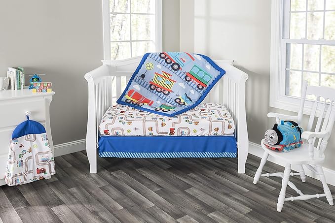 EVERYDAY KIDS 4 Piece Boys Crib Bedding Set - Choo Choo Train - Includes Quilt, Fitted Sheet, Dust Ruffle and Diaper Stacker - Nursery Bedding Set - Baby Crib Bedding Set