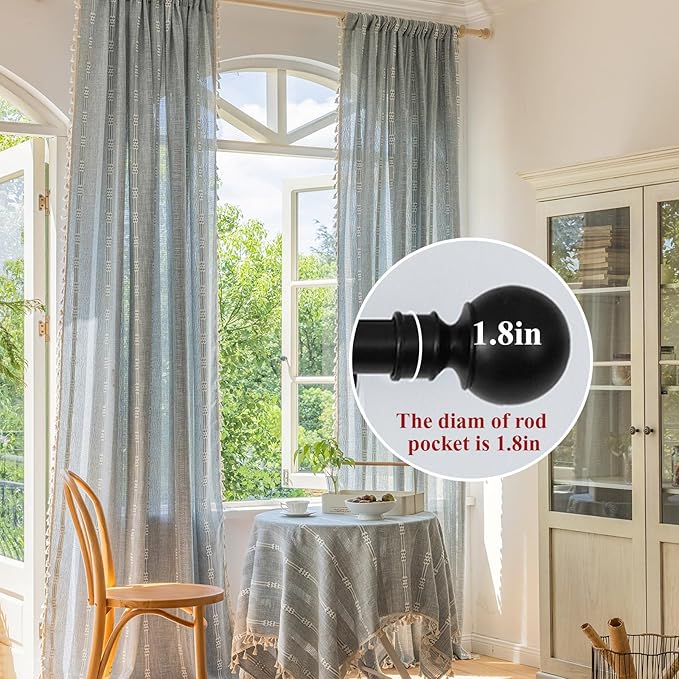 ENJOYBRIDAL Boho Curtains 63 Inch Length 2 Panels Semi Sheer Blue Grey Drapes Embroidered Tassel Rod Pocket Short Hollow Out Window Curtain Panels Farmhouse Window Treatment for Bedroom Living Room
