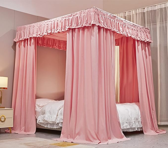 VETHIN Elastic Roof Style Four Corner Post Princess Bed Canopy Curtains Cozy Breathable Tent Canopy Mosquito Net for Girls & Adults Bedroom Decoration (Pink, 59-64" W*82" L*82"*H/(Queen))