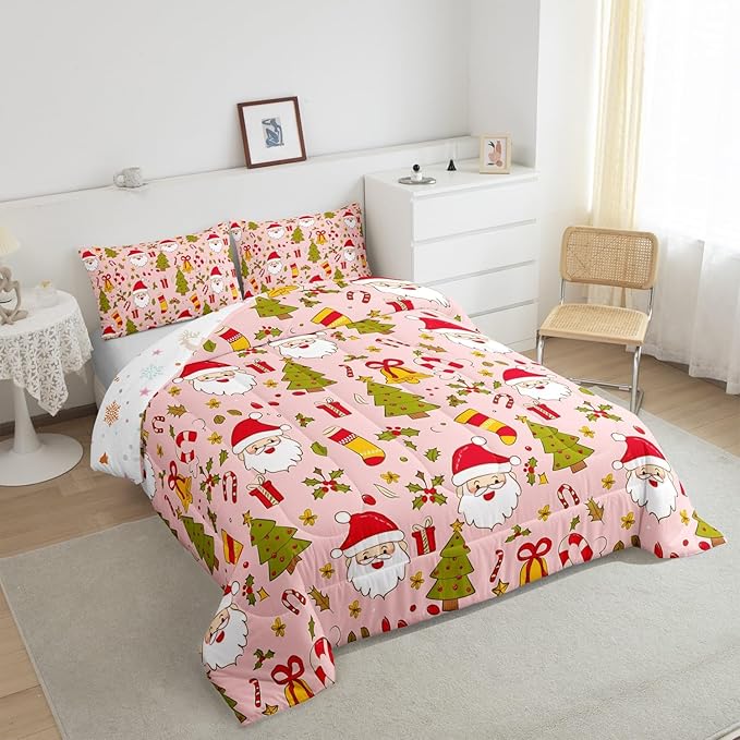 Feelyou Christmas Bedding Set for Kids Boys Girls Queen Size Cute Santa Claus Comforter Set Ultra Soft Comforter Xmas Tree Duvet Quilt Bedroom Decor Berries Pattern Printed Quilt
