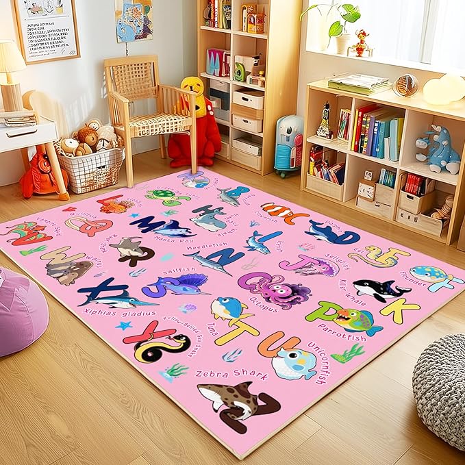 Kids Rug for Playroom, 5x7 Feet Educational Rug for Learn The ABC Alphabet, Soft Machine Washable Non-Slip Cute Marine Organisms Carpet for Classroom Toddler Nursery Kids Room Decor Mat, Pink