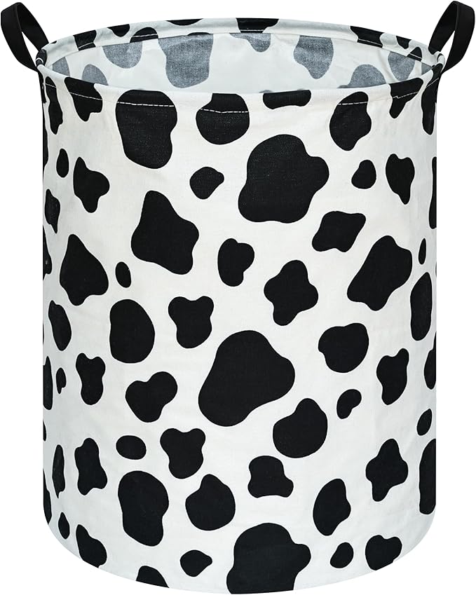 KUNRO Round Laundry Gift Basket Storage Hamper, Kids Toys and Clothes Storage Organizer Bins, Toy Shelf Basket with Handles for Room Decor (Rould Cow pattern)