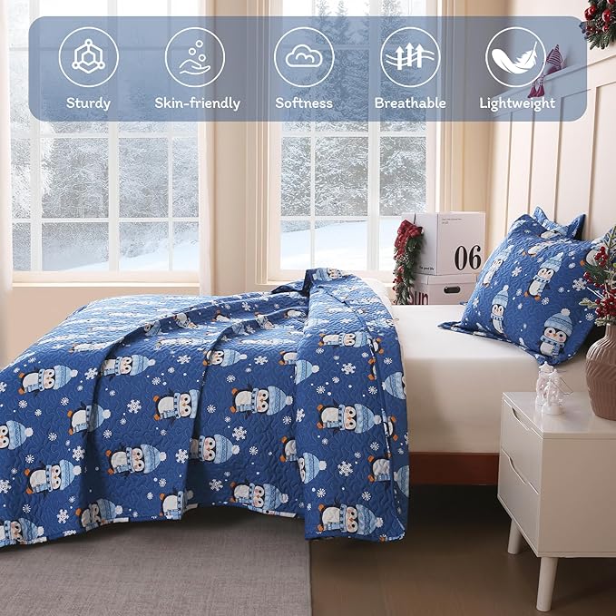 JSD 3 Pcs Kids Christmas Quilt Set Full/Queen, Blue Penguin Christmas Theme Bedding, Soft Microfiber Bedspread Coverlet Holiday Quilted Blanket