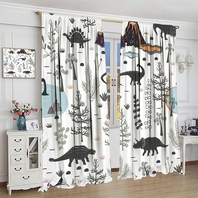 Funny Dinosaur Curtains Cute Dino Cartoon Animals Abstract Aesthetics Art Print for Kids Girls Boys Bedroom Living Room Rod Pocket Decoration Window Drapes 2 Panels W26xL84in