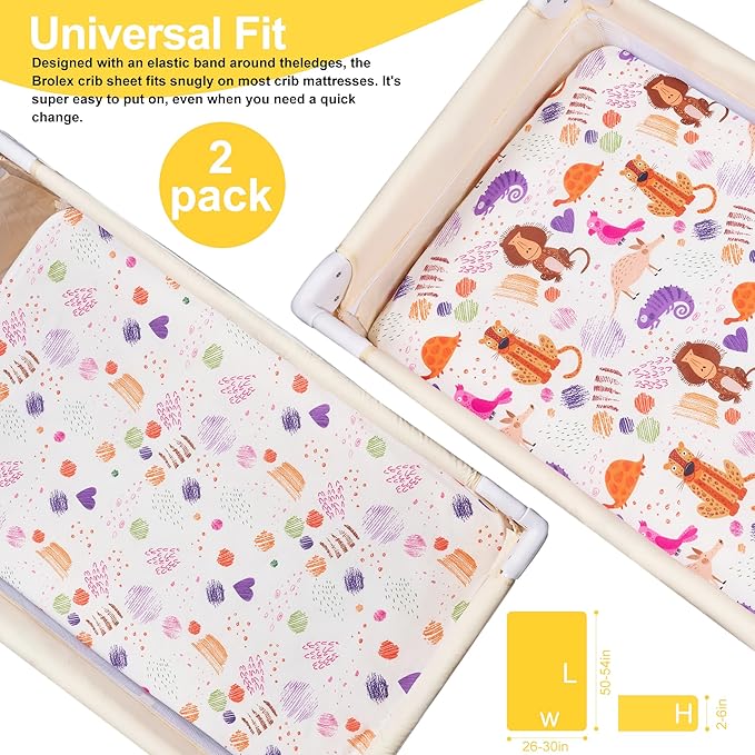 TILLYOU Mini Crib Sheets Fitted 2 Pack, Pack and Play Sheets for Toddler Mattress, Soft and Breathable 38”x 24” Pack n Play Mattresses Cover, Animal Graffiti & dot Printing