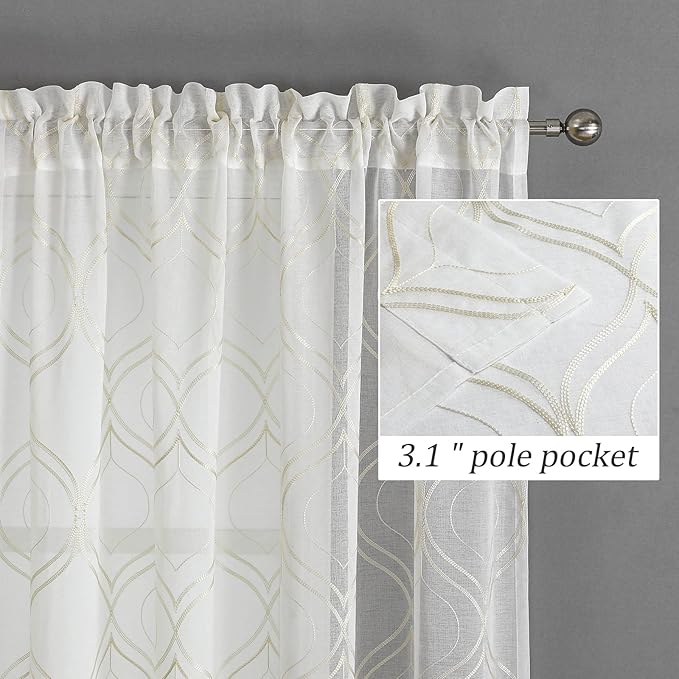 VISIONTEX White Sheer Curtains 84 Inches Long 2 Panels Set Beige Moroccan Embroidered Curtains Trellis French Textured Rod Pocket Voile Tulle Semi Window Drapes for Bedroom Living Room 54 x 84 Inches