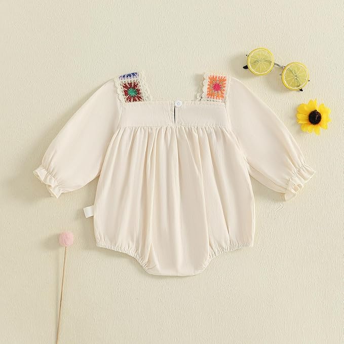 Baby Girl Romper Fall Clothes Ruffle Sleeveless Onesie Crochet Floral Bubble Romper Infant Bodysuit Boho Outfit