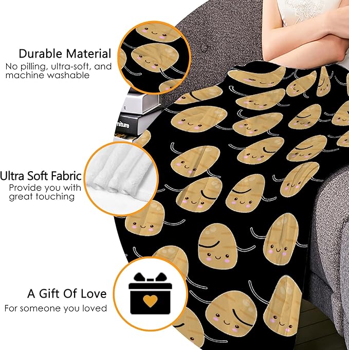 Thuswarm Cute Potato Kawaii Black Flannel Blanket Gifts Warm Cozy Soft Funny Print Throw for Bed Couch Sofa 50”×40” Small for Kid