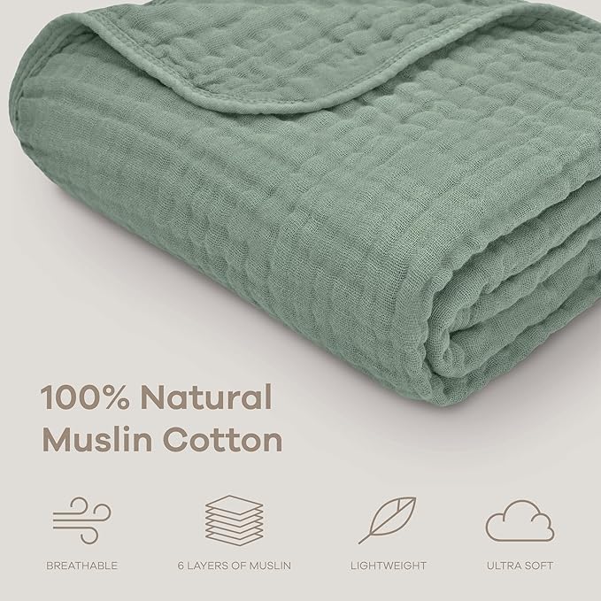Comfy Cubs Muslin Baby Blanket - Soft, Lightweight, 6-Layer Cotton Swaddle Blankets for Newborns, Infants & Toddlers - 40" x 40" Large, Breathable & Versatile for Sleeping & Tummy Time - Fern