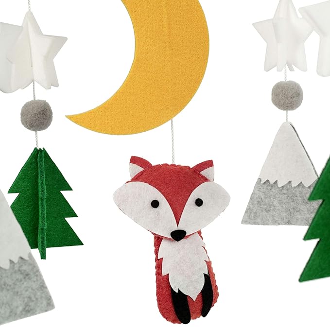 Sorrel + Fern Baby Crib Mobile (Woodland Fox) - Nursery Decoration - Ceiling Mobile and Crib Mobile - Hypoallergenic Eco-Felt, Unfinished Wood, Adjustable, Green, Grey, Yellow, Red/Brown
