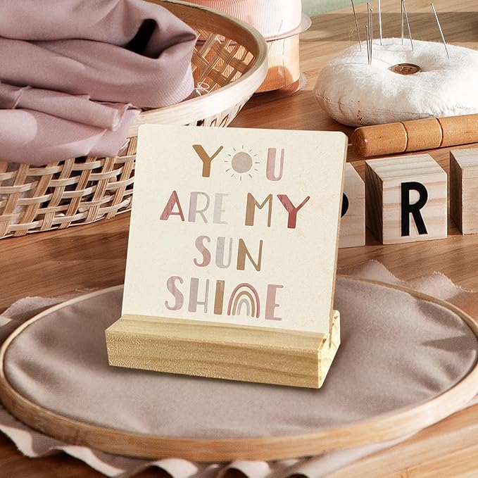 QASHWEY Nursery Shelf Decor, Boho Desk Shelf Decor, Motivational Boho Sun Rainbow You Are My Sunshine Wooden Plaque with Wooden Stand for Home Nursery