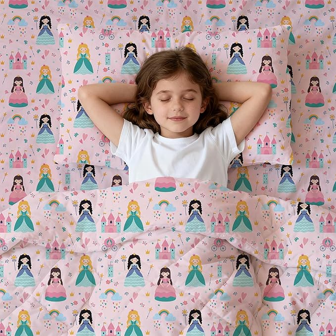 LONAVA Twin Kids Comforter Set - 4 Pieces Twin Bedding Sets for Boys Girls Children, Ultra Soft Microfiber Bed in A Bag with Flat Fitted Sheets, Princess