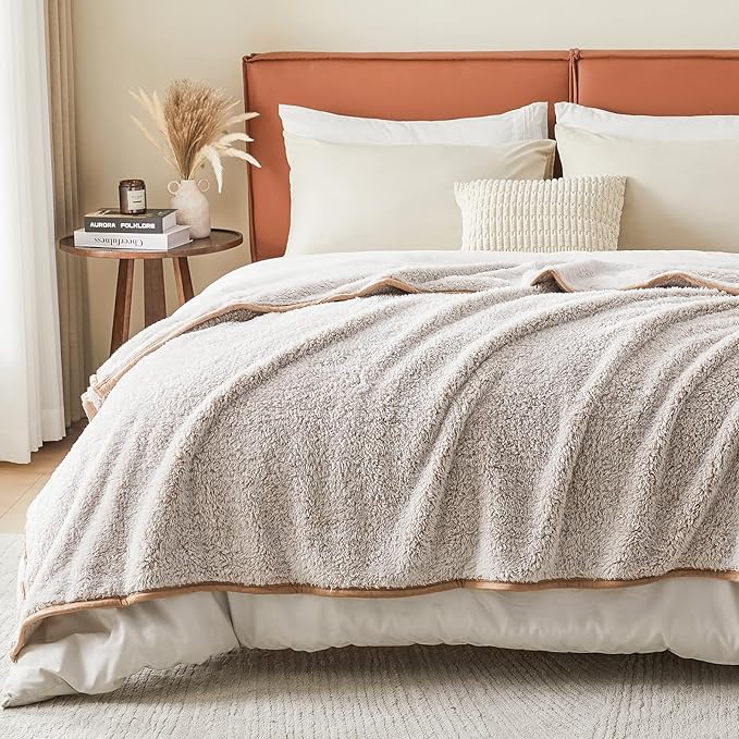 EMME Soft Sherpa Fleece Blanket Reversible Plush Fluffy Large Blanket, Light Weight Warm Decorative Boho Blanket Cover for Sofa, Couch, Bedroom,Travel(Khaki,108"x90")