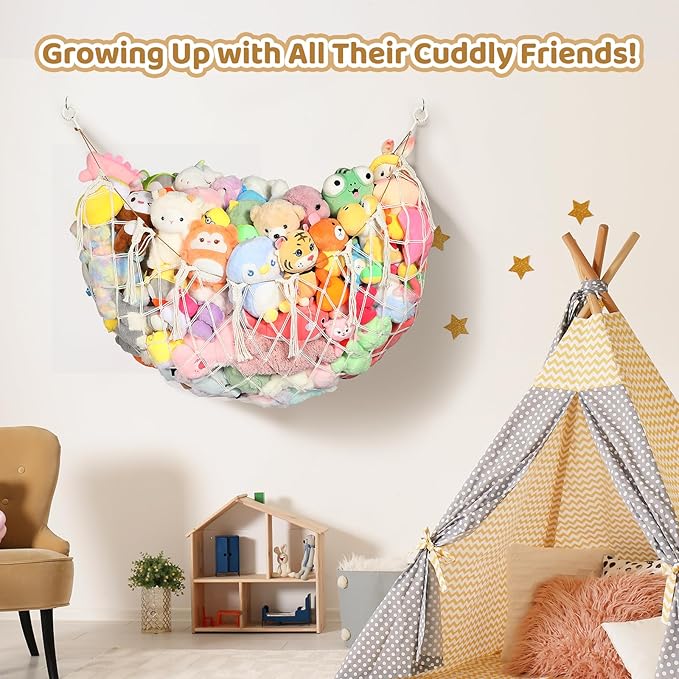 Yecaye 60 IN Stuffed Animal Hammock, Hanging Stuffed Animal Storage with Handmade Macrame Tassels, Net for Stuffed Animals Corner Large for Nursery Living Room Wall Decoration, Cream White