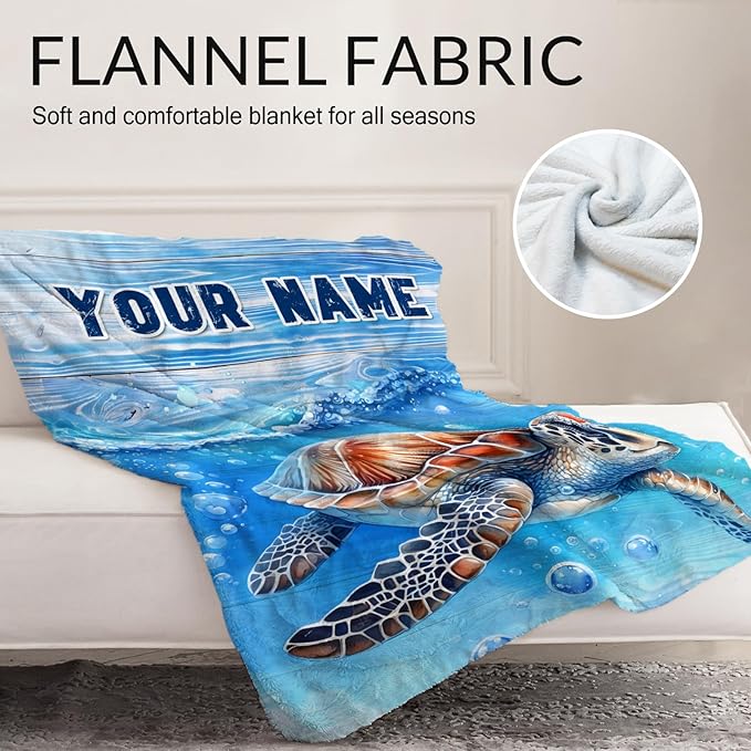 Personalized Blanket Gift for Girls - 50" x 60" Inches Turtle Plush Blanket Gifts for Kids - Blue Lightweight Cozy Throws for Couch, Bed & Travel