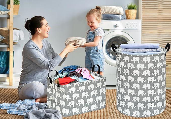 KUNRO Round Laundry Gift Basket Storage Hamper, Kids Toys and Clothes Storage Organizer Bins, Toy Shelf Basket with Handles for Room Decor (Elephant)