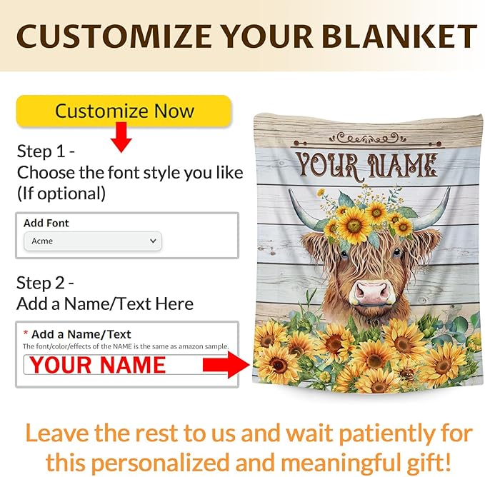 Custom Highland Cow Blanket Gifts with Name - 50x40 Inches Cute Throw Blanket for Women Girls - Yellow Soft Fuzzy Vintage Sunflower Blankets for Crib Couch Sofa Travel