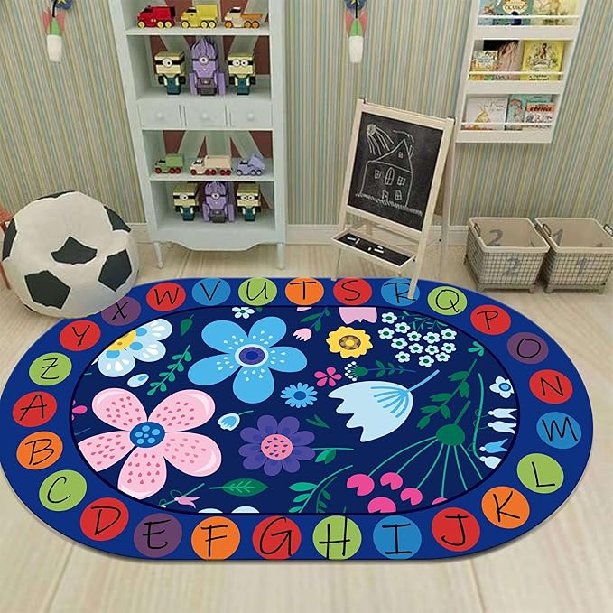 Kids Educational Oval Rug, 4x6ft, ABC Alphabet Learning Play Mat, Cute Colorful Flowers Plants Designs Rugs, Non-Slip Washable Carpet for Bedside Boys Girls Teens Room Nursery Decor Floor Mat