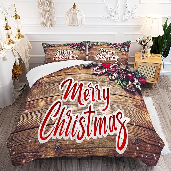 Christmas Comforter Set Full: Christmas Wood Grain Bedding Festival Gift Xmas for Kids Girls Women Teens Bedroom Quilt Set 1 Comforter & 2 Pillowcases
