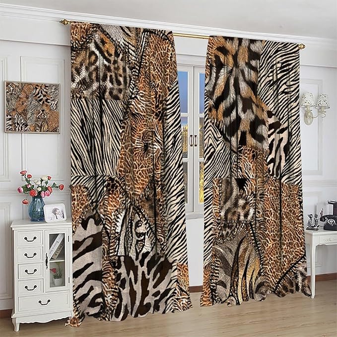Leopard Print Curtains, Brown Wild Cheetah Zebra Animal Fur Farmhouse Window Curtains for Bedroom Kitchen Living Room 42" W X 63" L